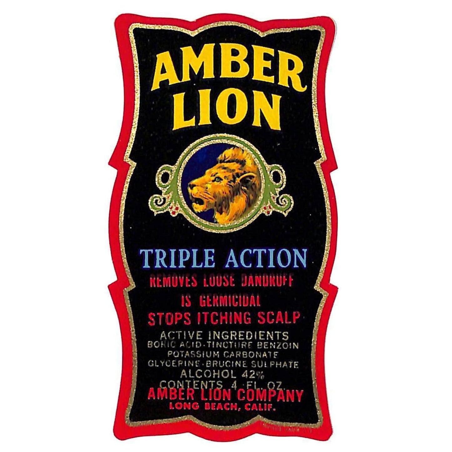Amber Lion Germicidal for Dandruff / Itching Scalp Paper Label NOS VGC Die Cut