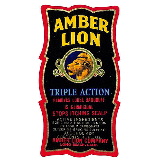 Amber Lion Germicidal for Dandruff / Itching Scalp Paper Label NOS VGC Die Cut