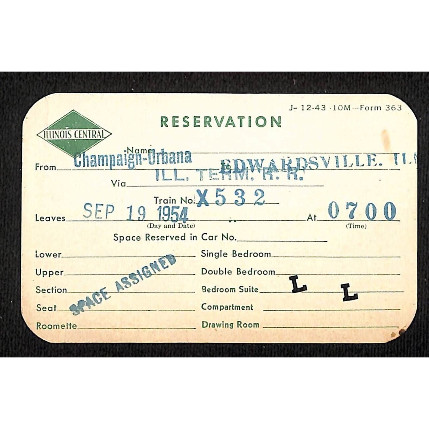Illinois Central Railroad 1954 Bedroom Suite Reservation Card Champaign Urbana