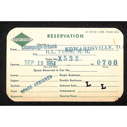 Illinois Central Railroad 1954 Bedroom Suite Reservation Card Champaign Urbana