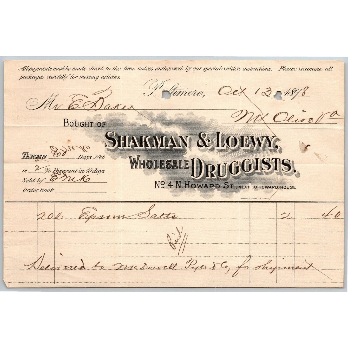 1898 Letterhead Billhead Shakman & Loewy Druggists Baltimore - Ephraim Baker*
