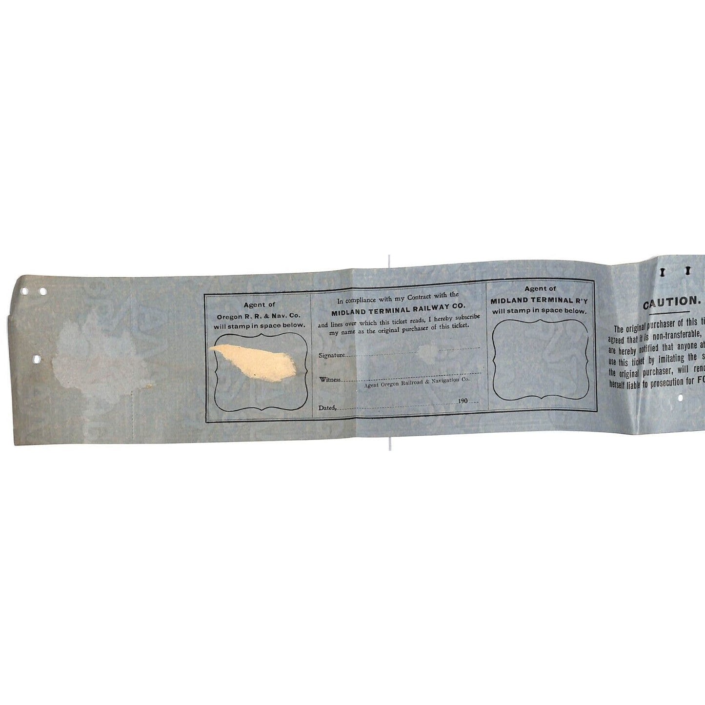 1905 Midland Terminal RY Co. "Cripple Creek" Oregon RR & Navigation Ticket 27"L