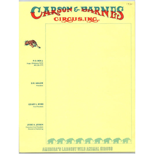 Carson & Barnes Circus Letterhead c1980s-90's VGC