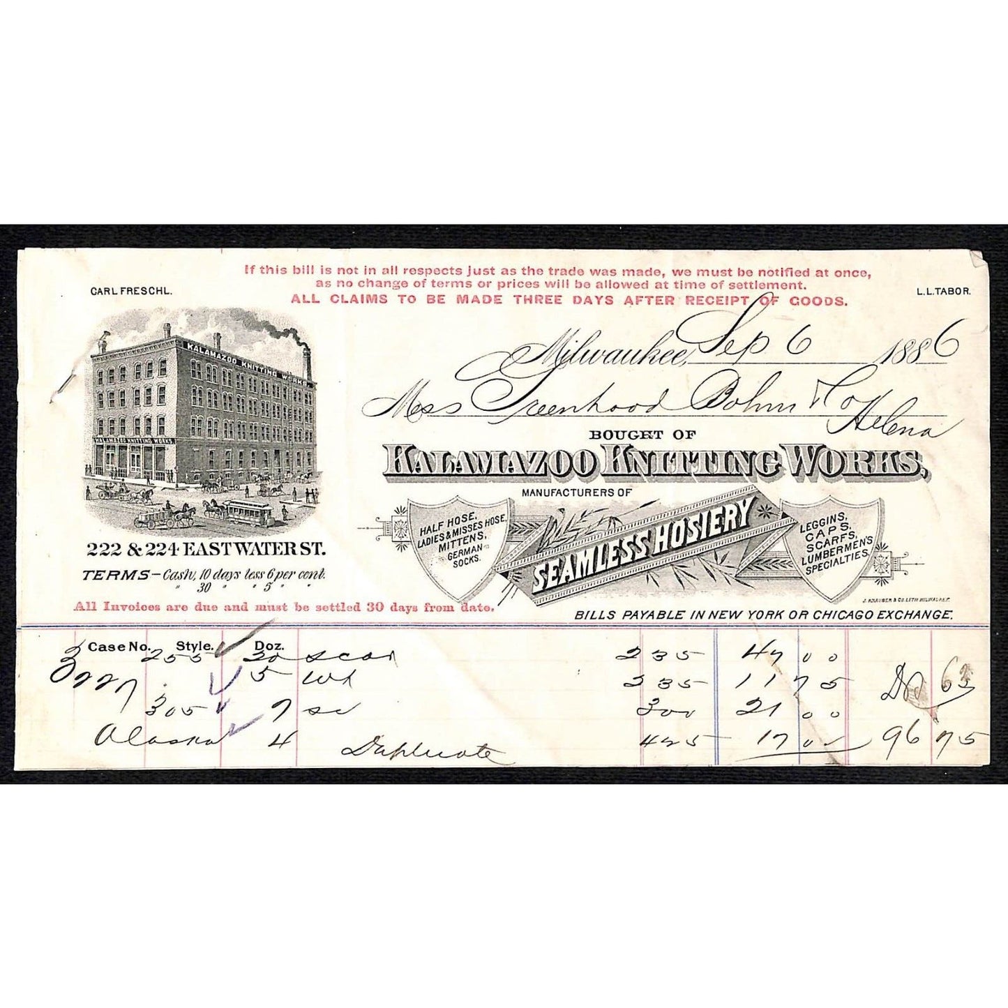 Milwaukee 1886 Kalamazoo Knitting Works Seamless Hosiery - Pair of Billheads