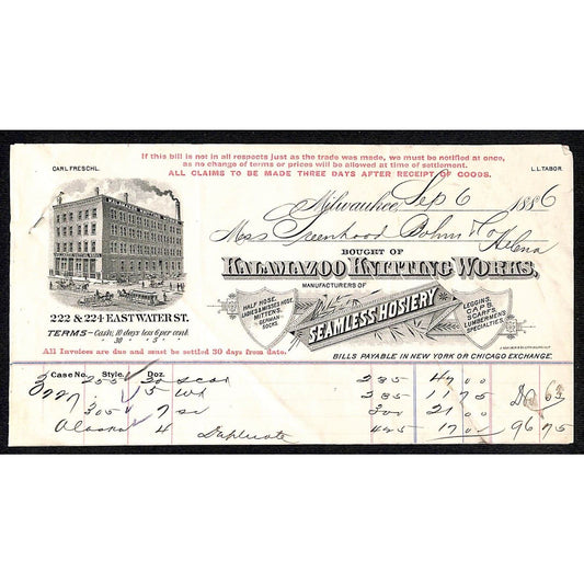 Milwaukee 1886 Kalamazoo Knitting Works Seamless Hosiery - Pair of Billheads