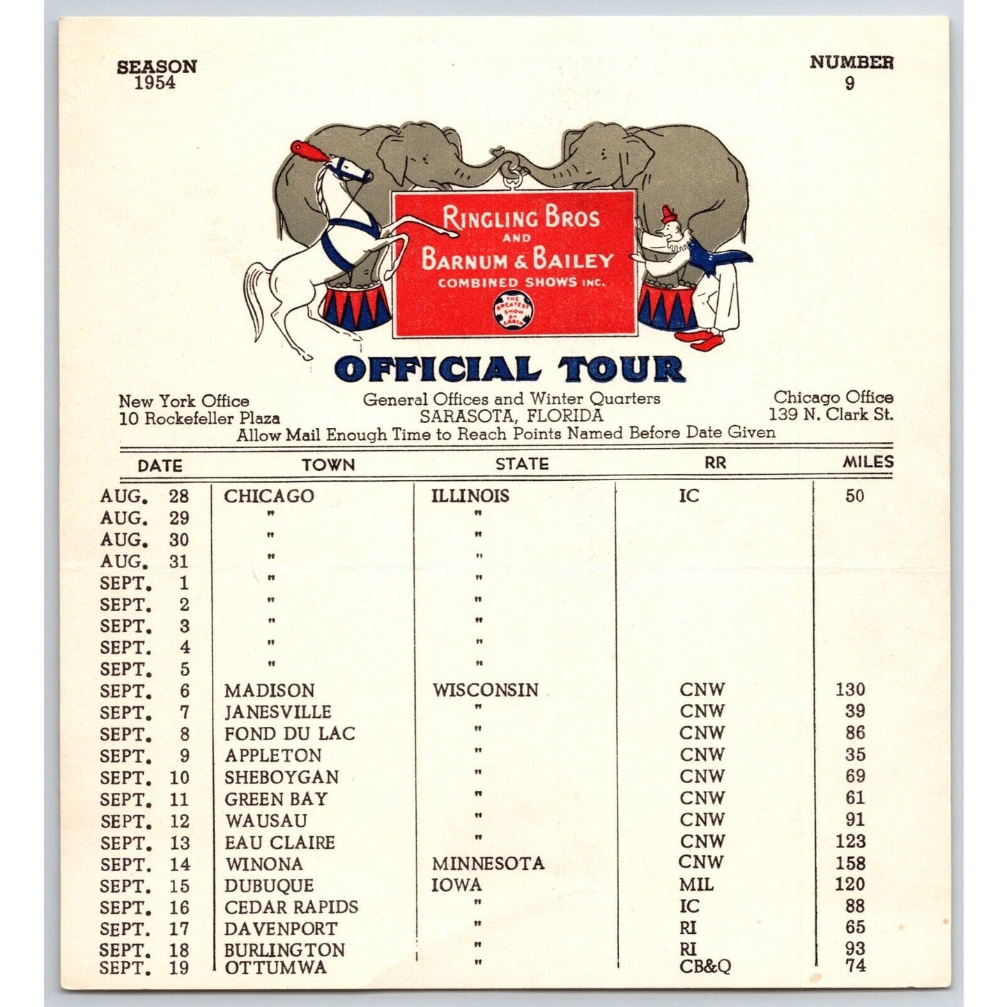 1954 Ringling Bros Barnum Bailey Circus Route Card Chicago Madison Appleton