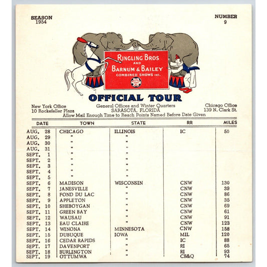 1954 Ringling Bros Barnum Bailey Circus Route Card Chicago Madison Appleton