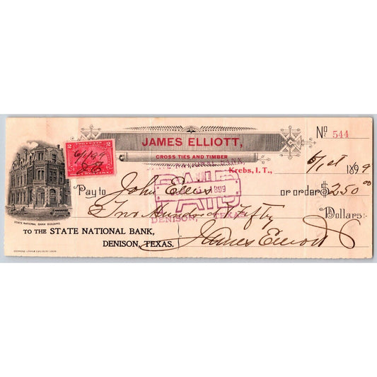 Krebs, OK 1899 Indian Territory James Elliott Cross Ties & Timbers Check Scarce