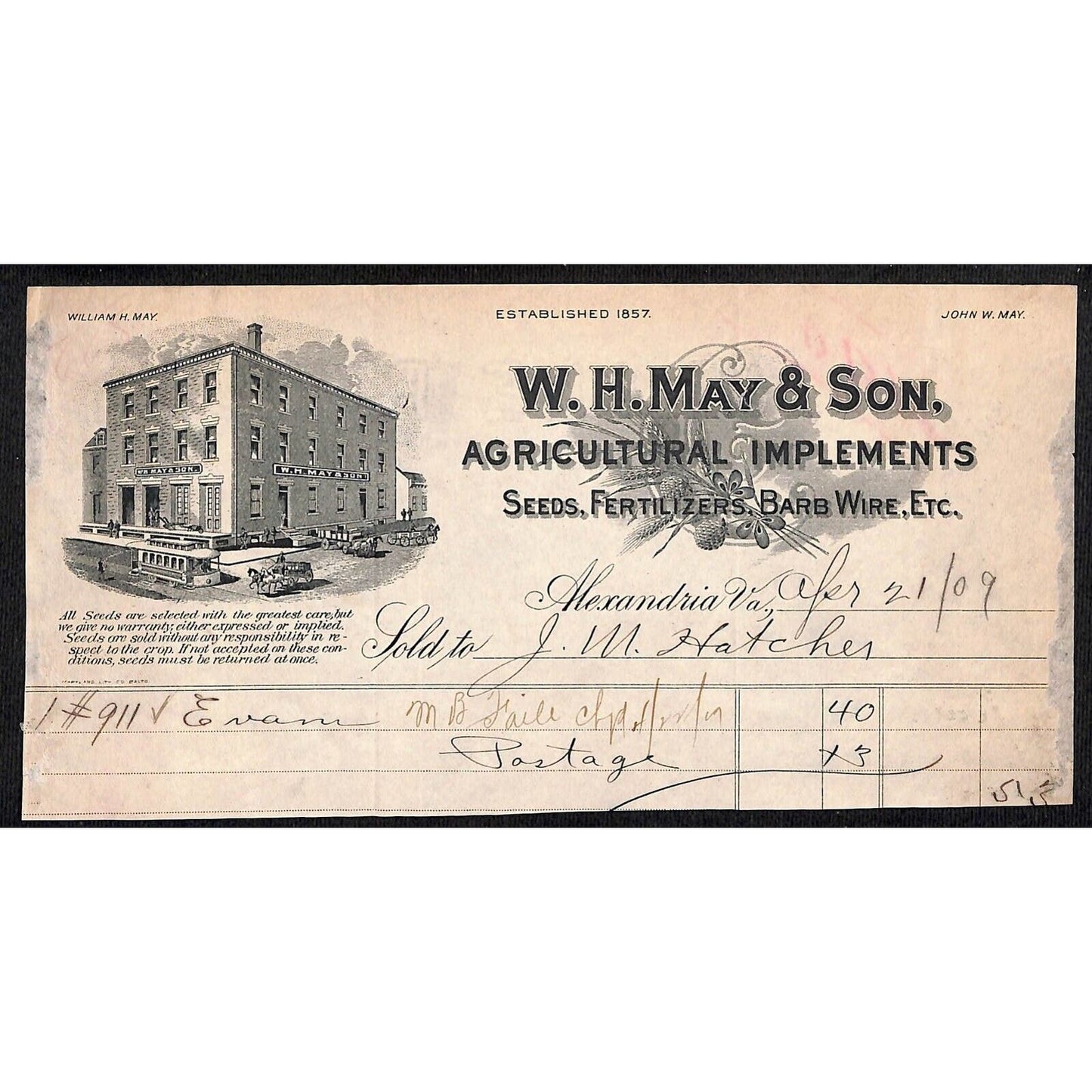 Alexandria, VA W.A. May & Son Agricultural Implements 1909 Billhead Vignette