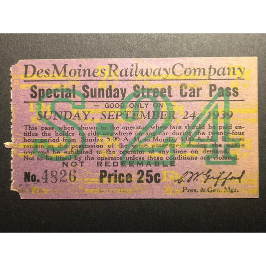 DesMoines Railway Company Special Sunday Street Car Pass Ticket 1939 - Scarce