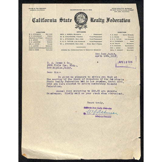 California State Realty Federation Los Angeles 1916 Letterhead R.A. Rowan