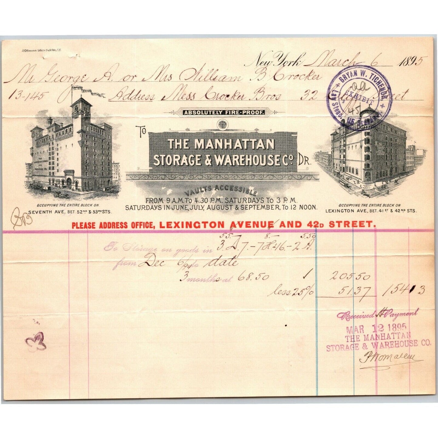 1904 Manhattan Storage Warehouse Co Crocker Bros Letterhead 52nd St 7th Ave NYC