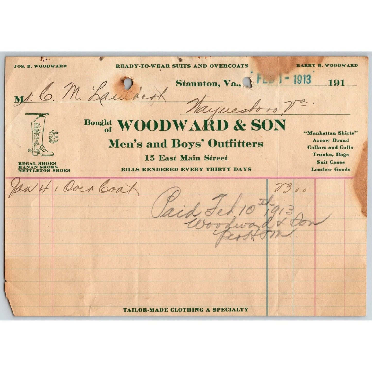 1913 Scarce Woodward & Son Men's Boy's Outfits Staunton, VA Letterhead Billhead