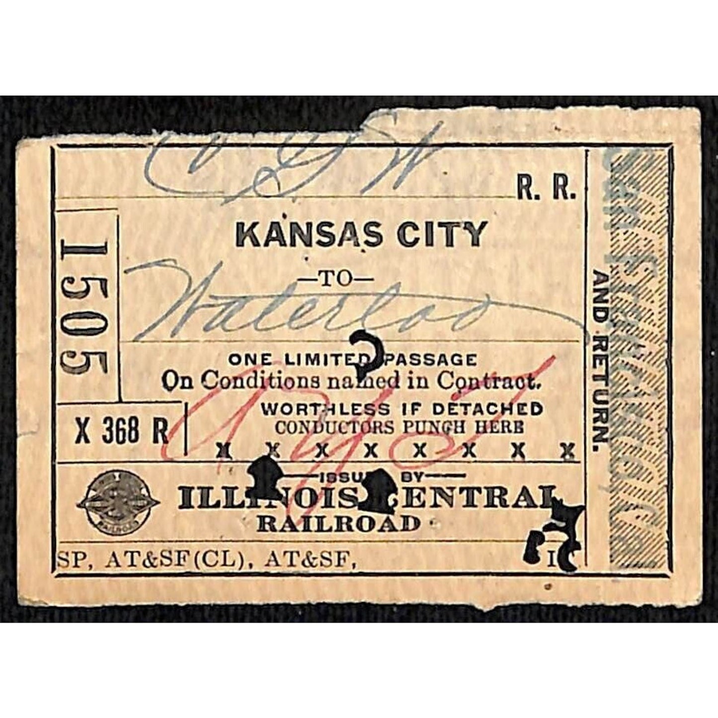 Illinois Central Railroad Ticket Kansas City, MO Waterloo, IA 1920 #1505