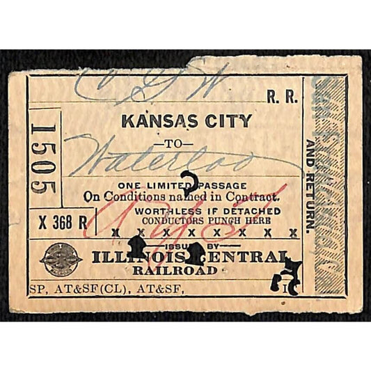 Illinois Central Railroad Ticket Kansas City, MO Waterloo, IA 1920 #1505