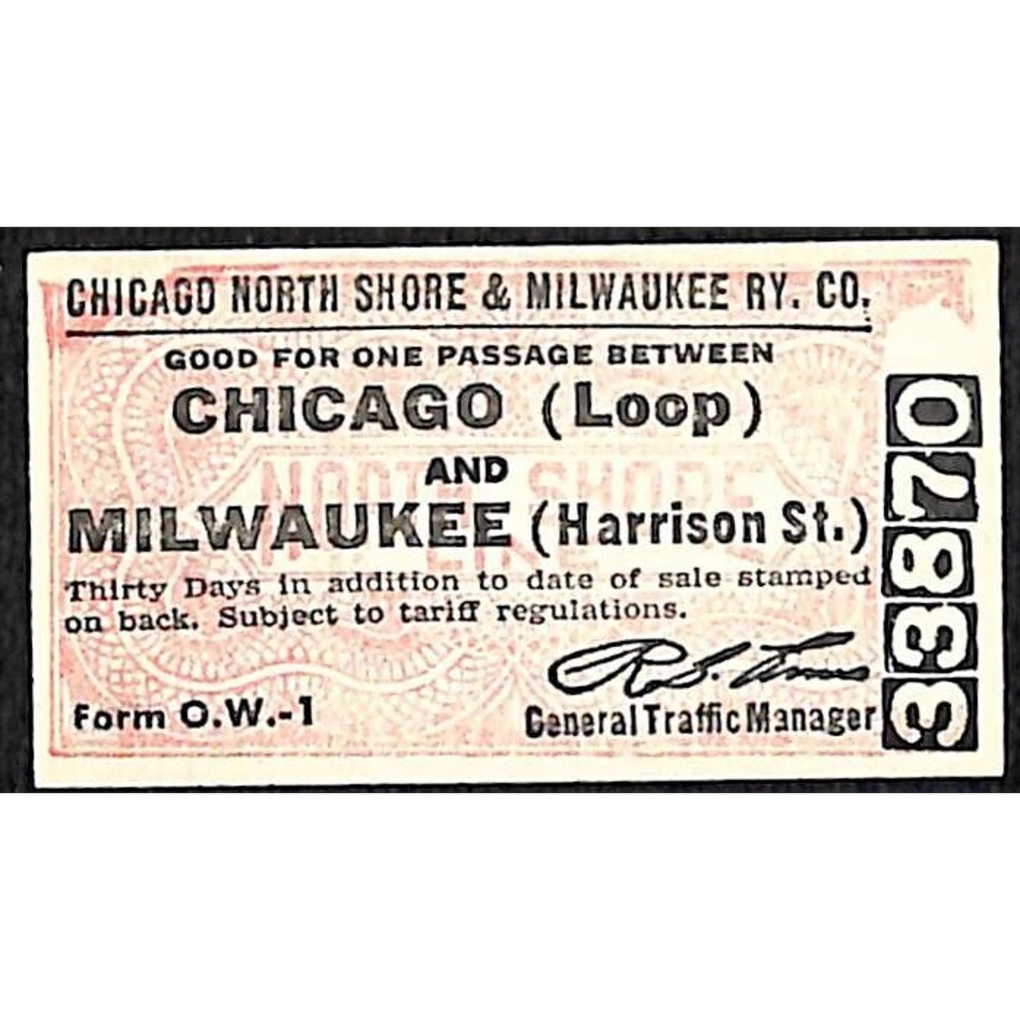Chicago North Shore & Milwaukee RY Ticket c1953-60's Milwaukee #33870