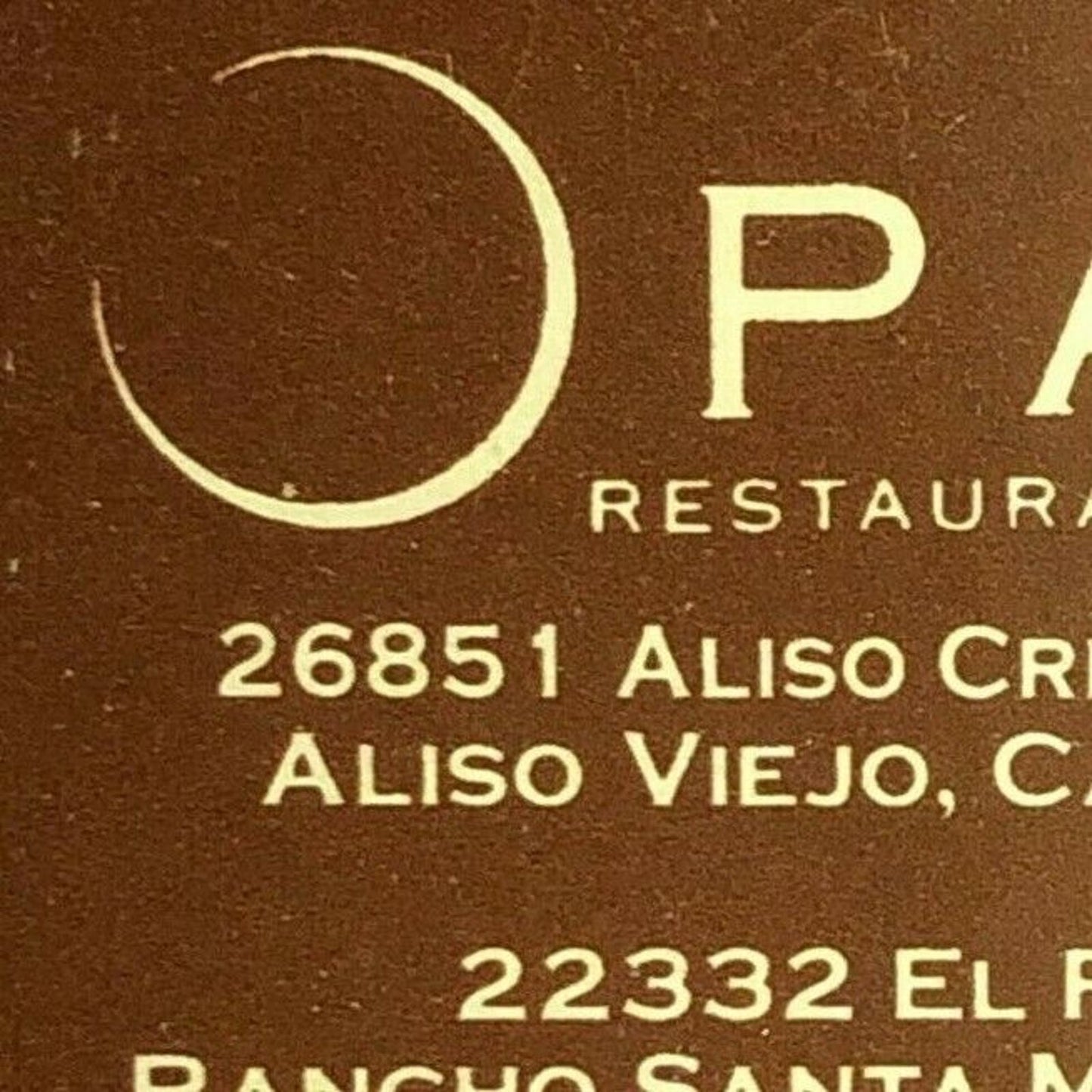 Vintage c2000 Full Matchbook "Opah Restaurant & Bar" Aliso Viejo, CA