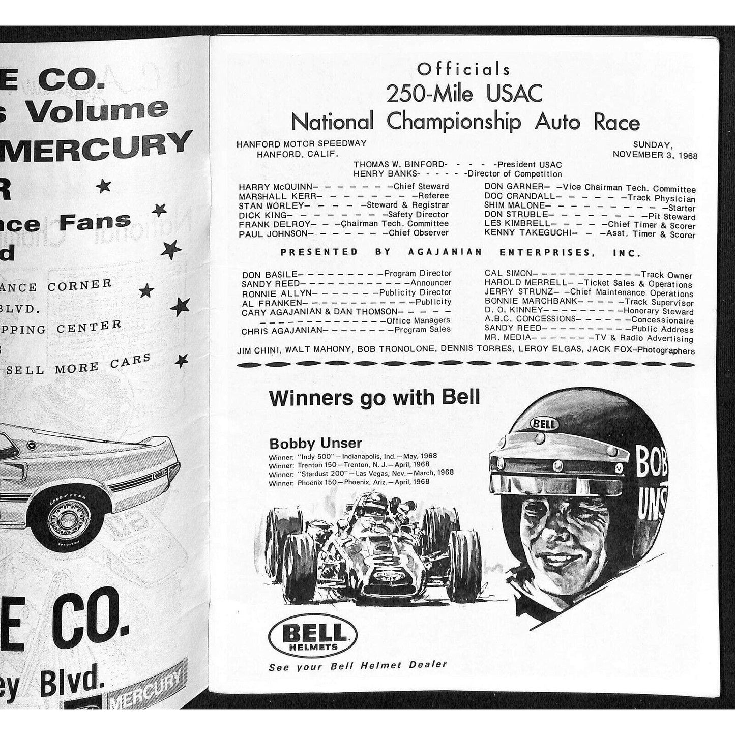Scarce Nov 3 1968 USAC "California 250" Auto Racing Program Hanover Speedway 40p