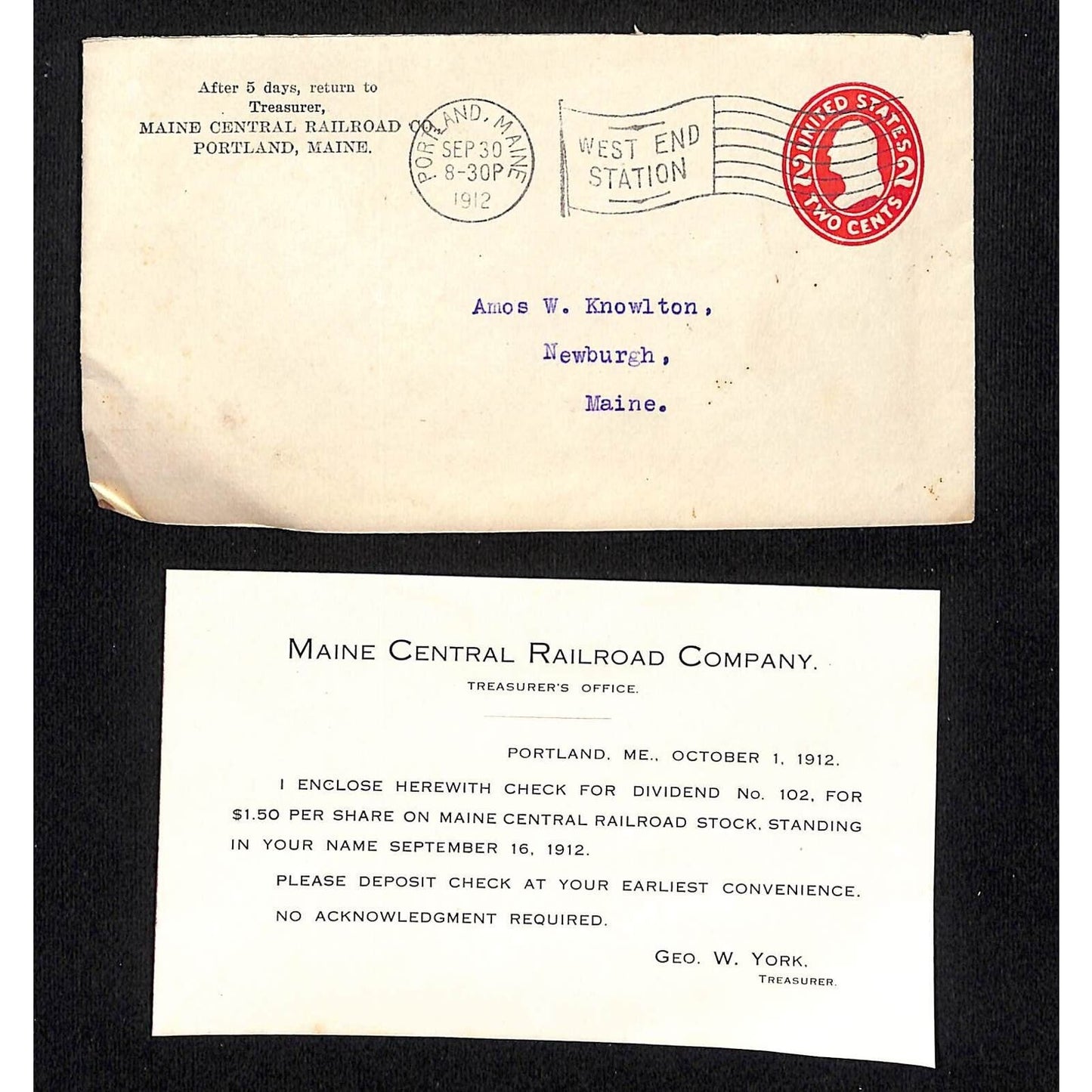 Newburg, ME Amos W. Knowlton* 1912 Maine Central Railroad Dividend Notice Card