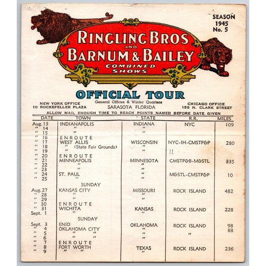 1945 Ringling Bros Barnum & Bailey Circus Route Card Indianapolis St. Paul