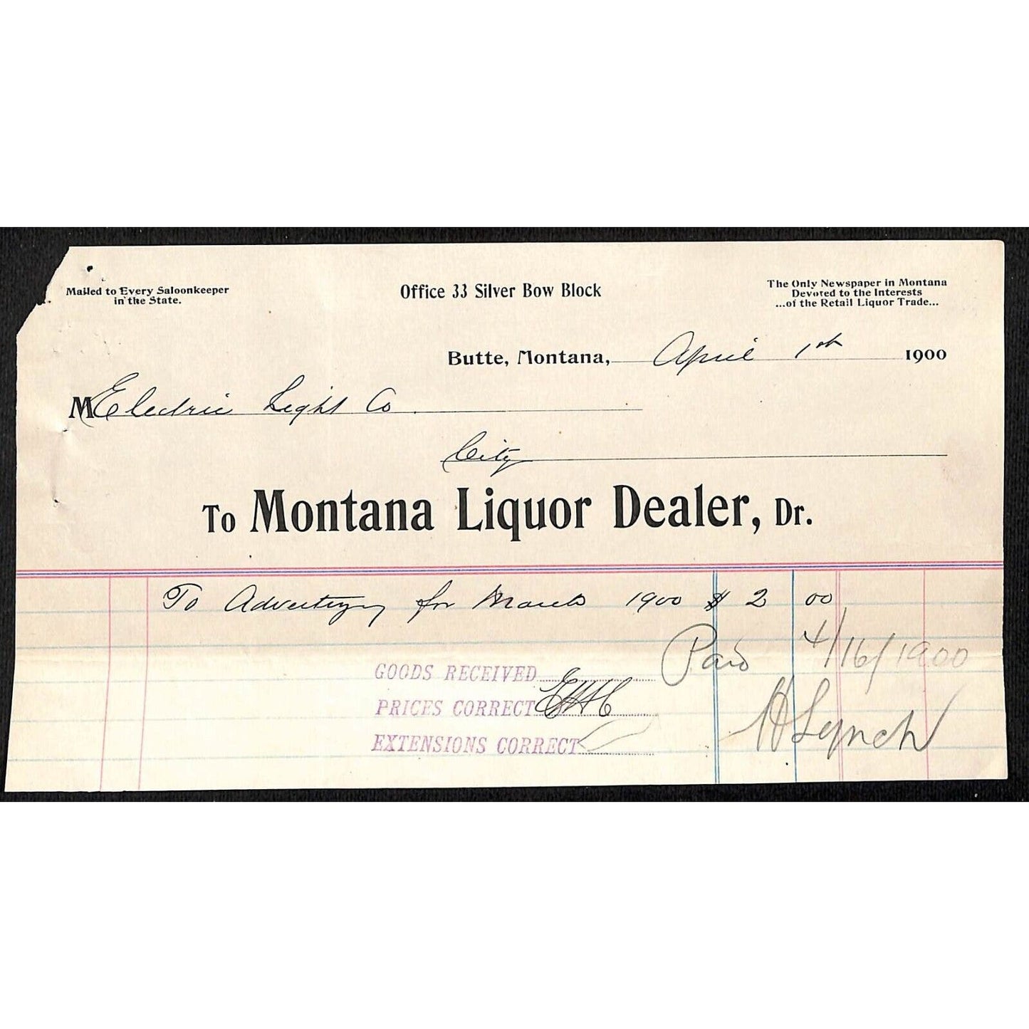 Butte, MT "Montana Liquor Dealer" 1900 Billhead Electric Light Co.