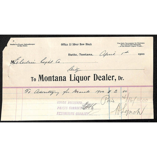 Butte, MT "Montana Liquor Dealer" 1900 Billhead Electric Light Co.