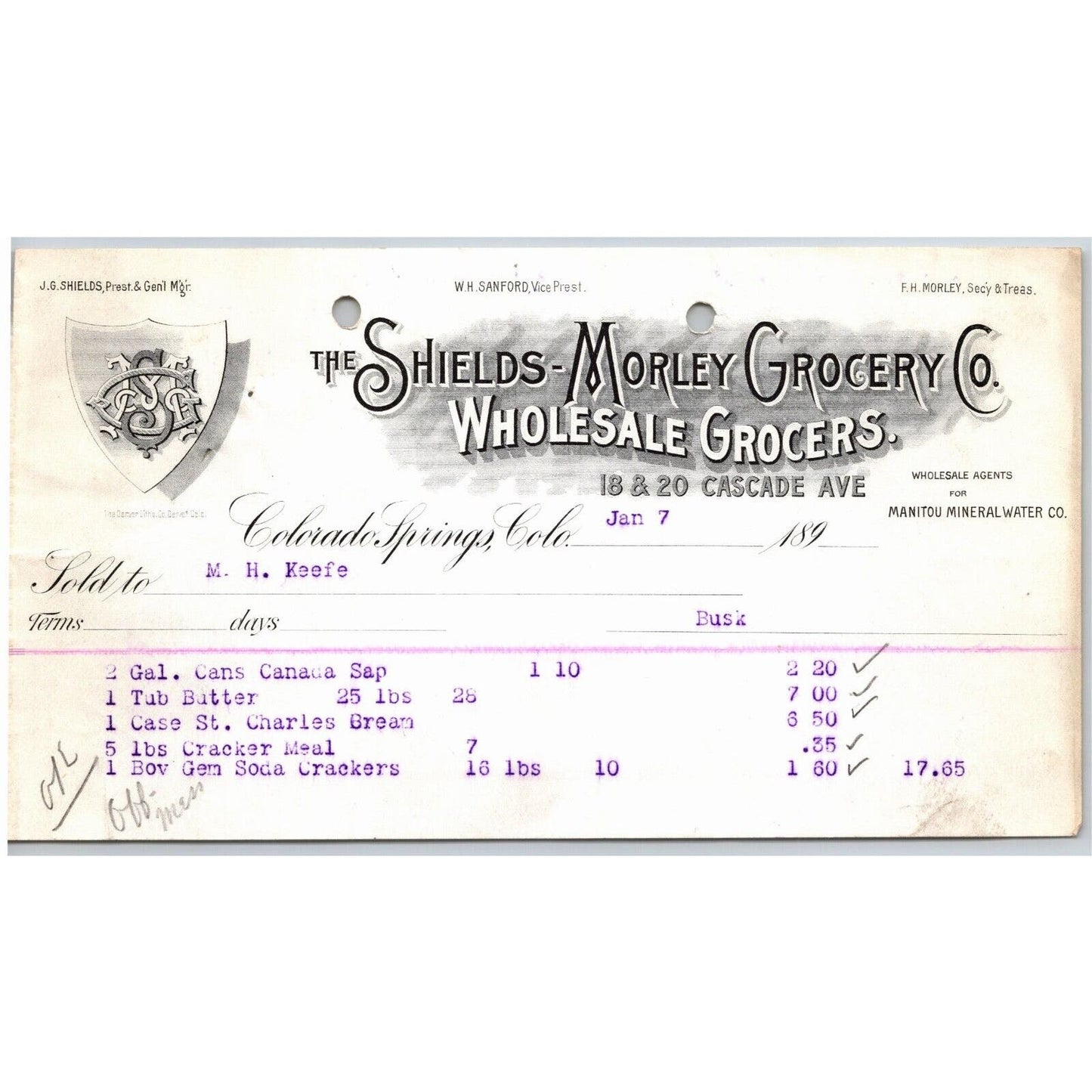 c1895 Shields-Morley Grocery Colorado Springs Letterhead M.H. Keefe Canada Sap