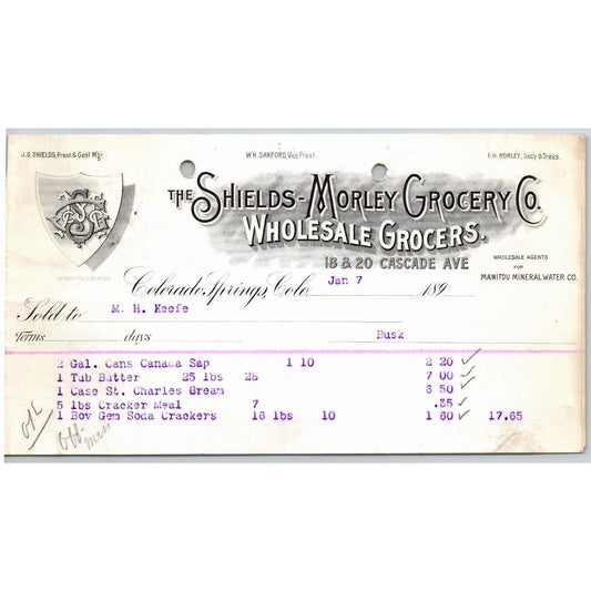 c1895 Shields-Morley Grocery Colorado Springs Letterhead M.H. Keefe Canada Sap