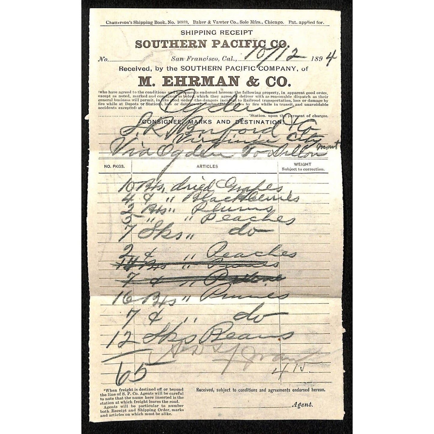 Southern Pacific RR / M. Herman & Co. / S.R. Buford 1894 Shipping Billhead