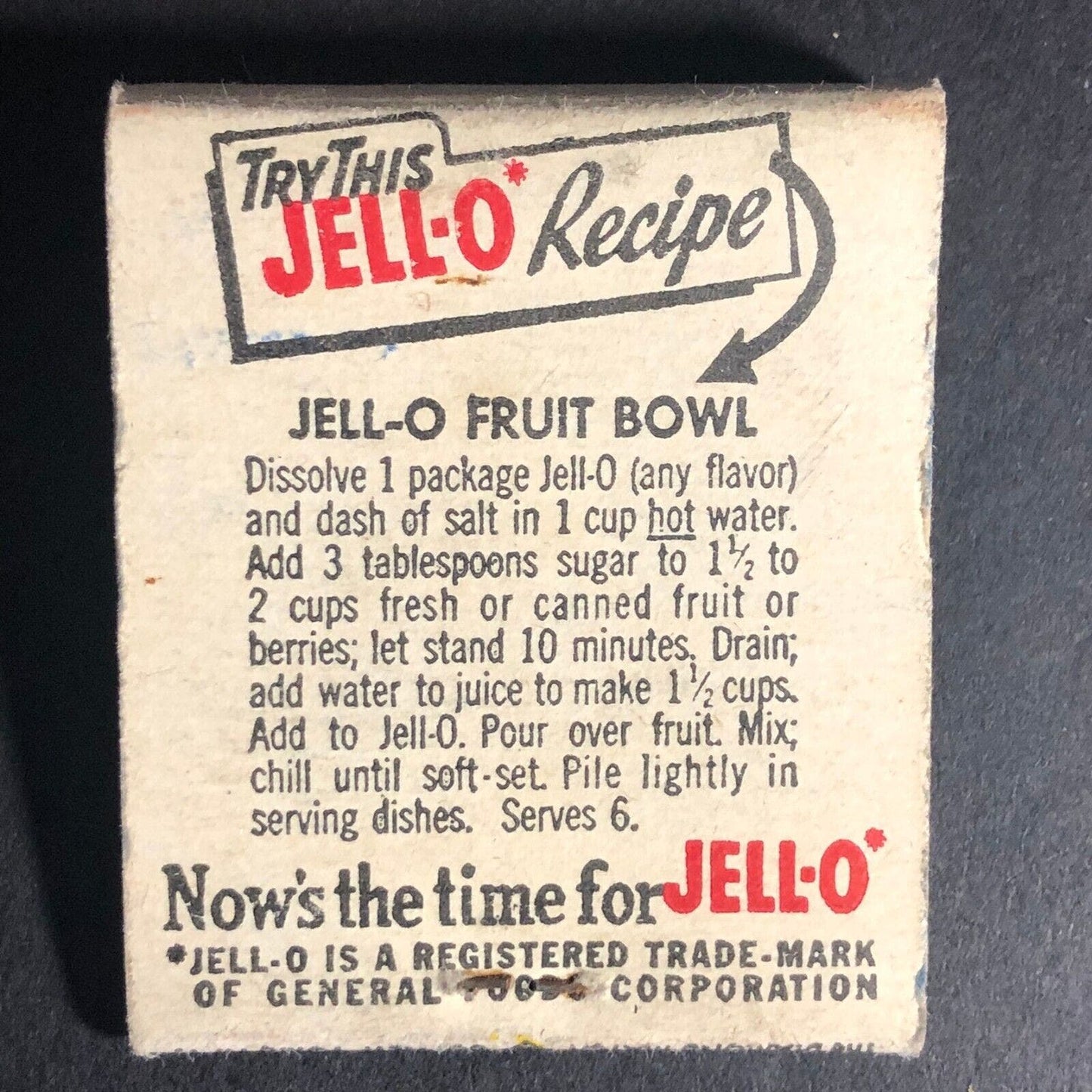 JELL-O Jello Man on Scale Fruit Bowl Recipe Matchbook 1953 Full 20-Strike Scarce