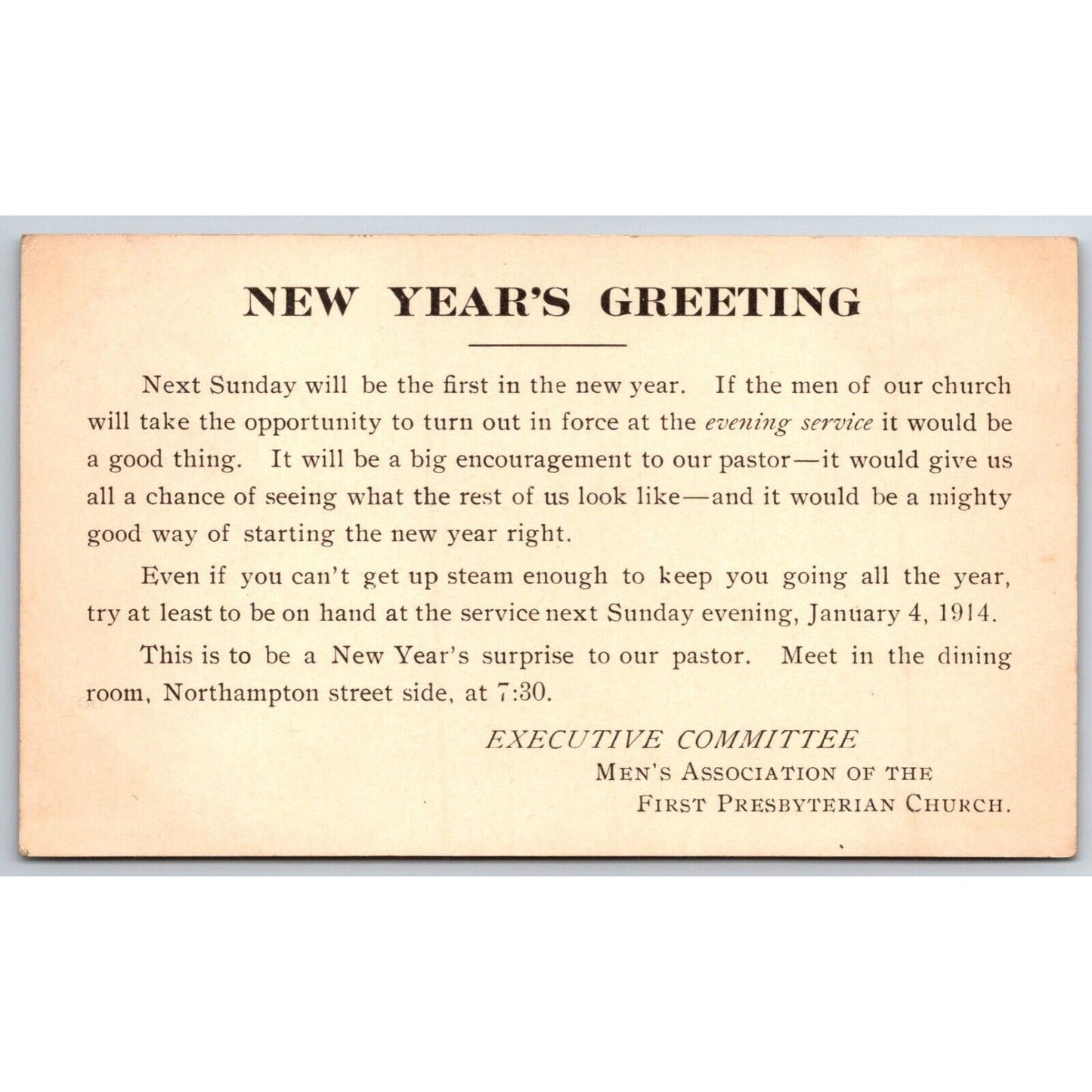 Men's Association First Presbyterian Church New Year's Greeting Postcard 1913 VG