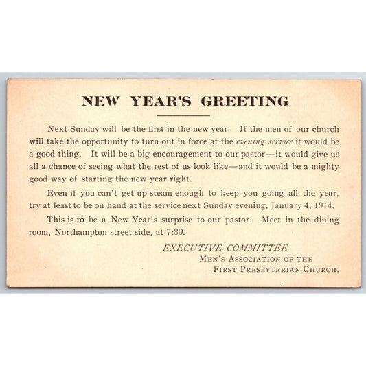 Men's Association First Presbyterian Church New Year's Greeting Postcard 1913 VG