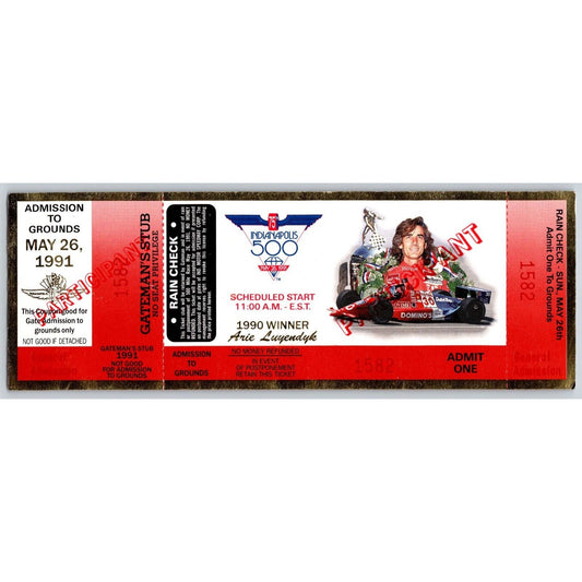 1991 Indy 500 Participant Ticket Stub #1582 - Foil Border - Ron Burton Estate