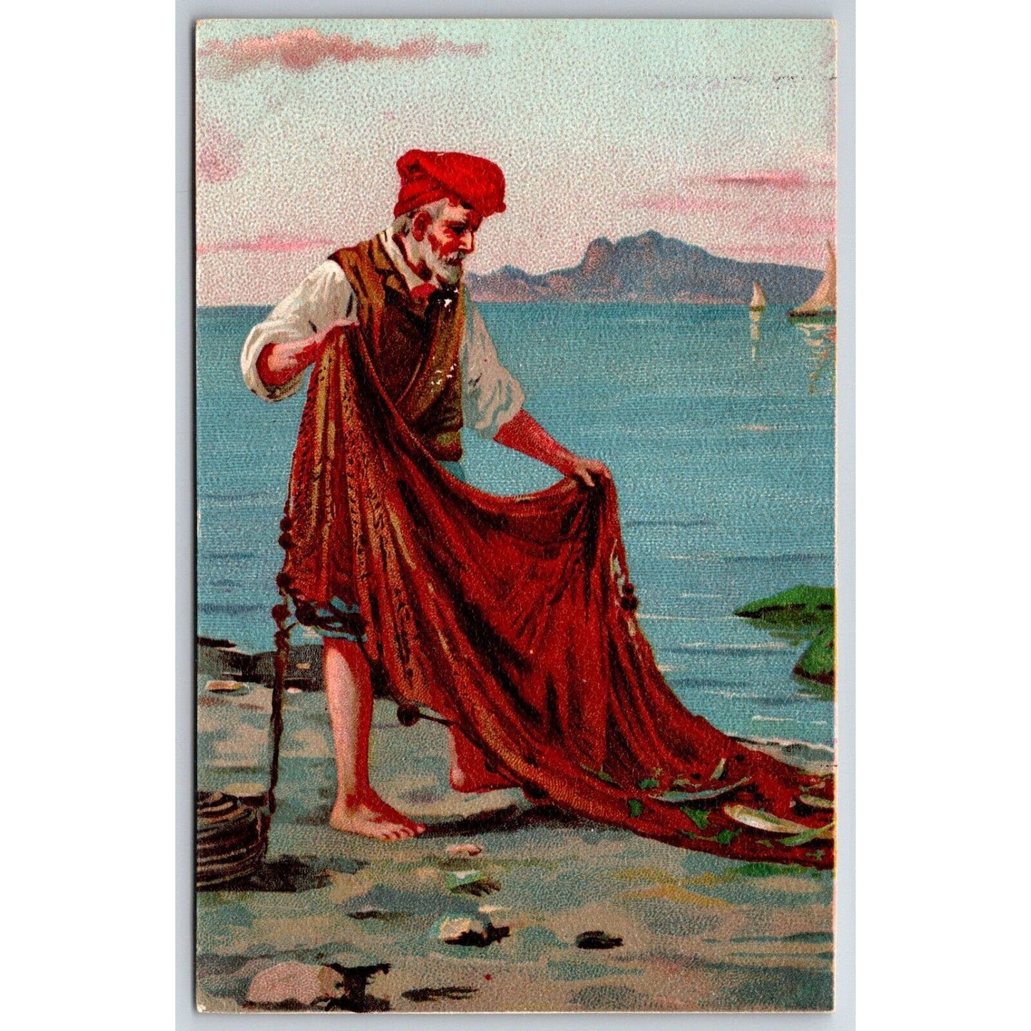 French? Postcard Old Man w/ Fishing Net at Shore c1901-1907 NP