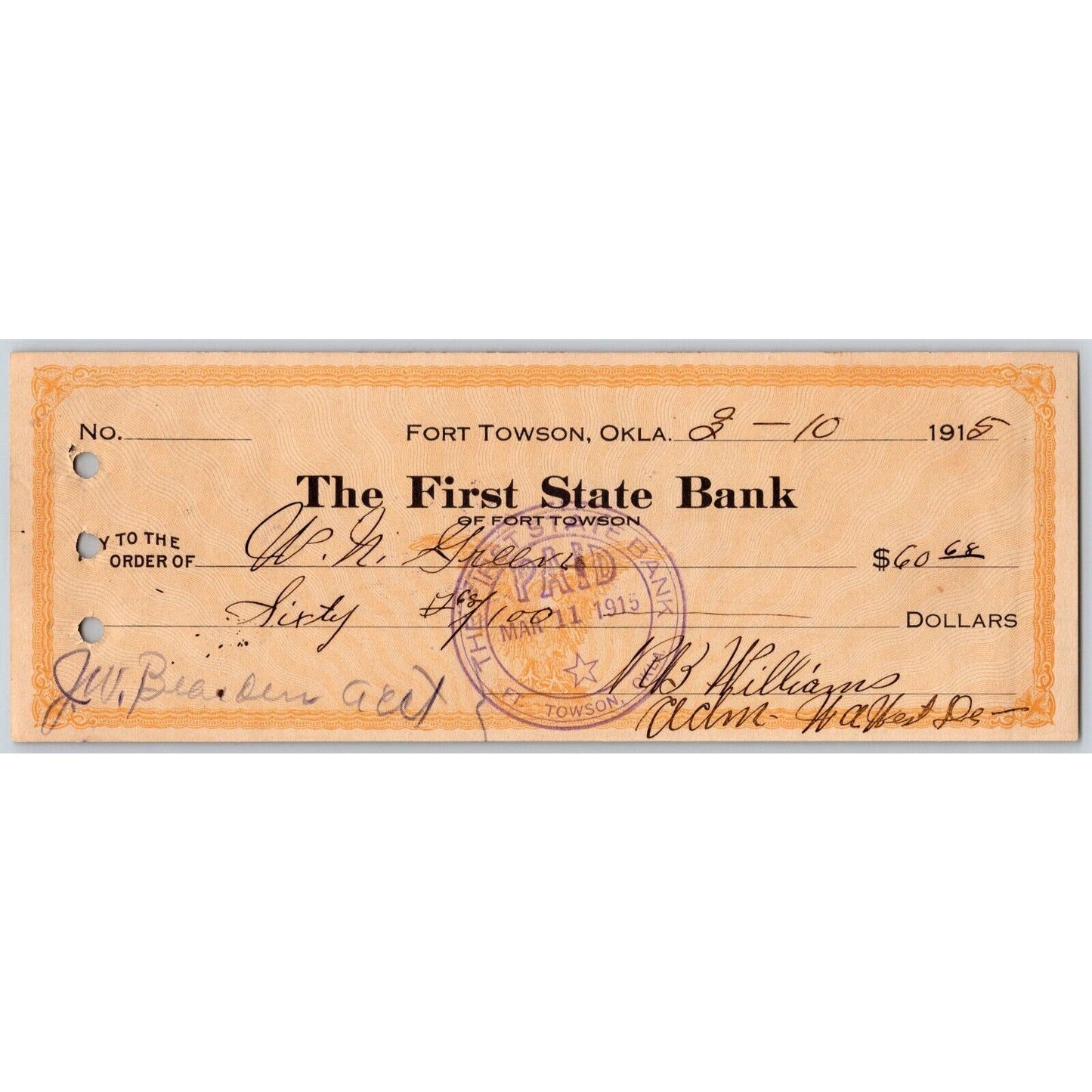 Fort Towson Oklahoma 1915 First State Bank Check Scarce