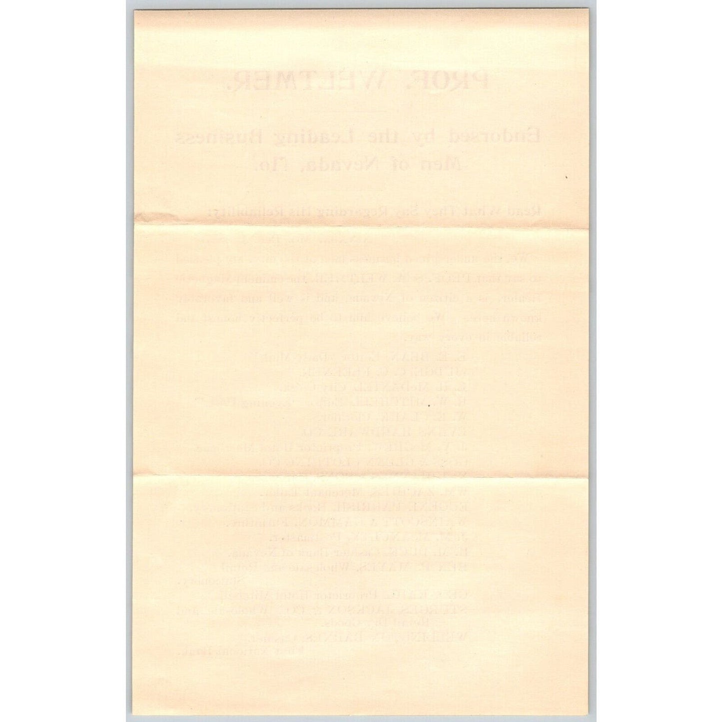 Professor S.A. Weltmer (Author) Nevada Advertising Testimonial Flyer c1897 VGC
