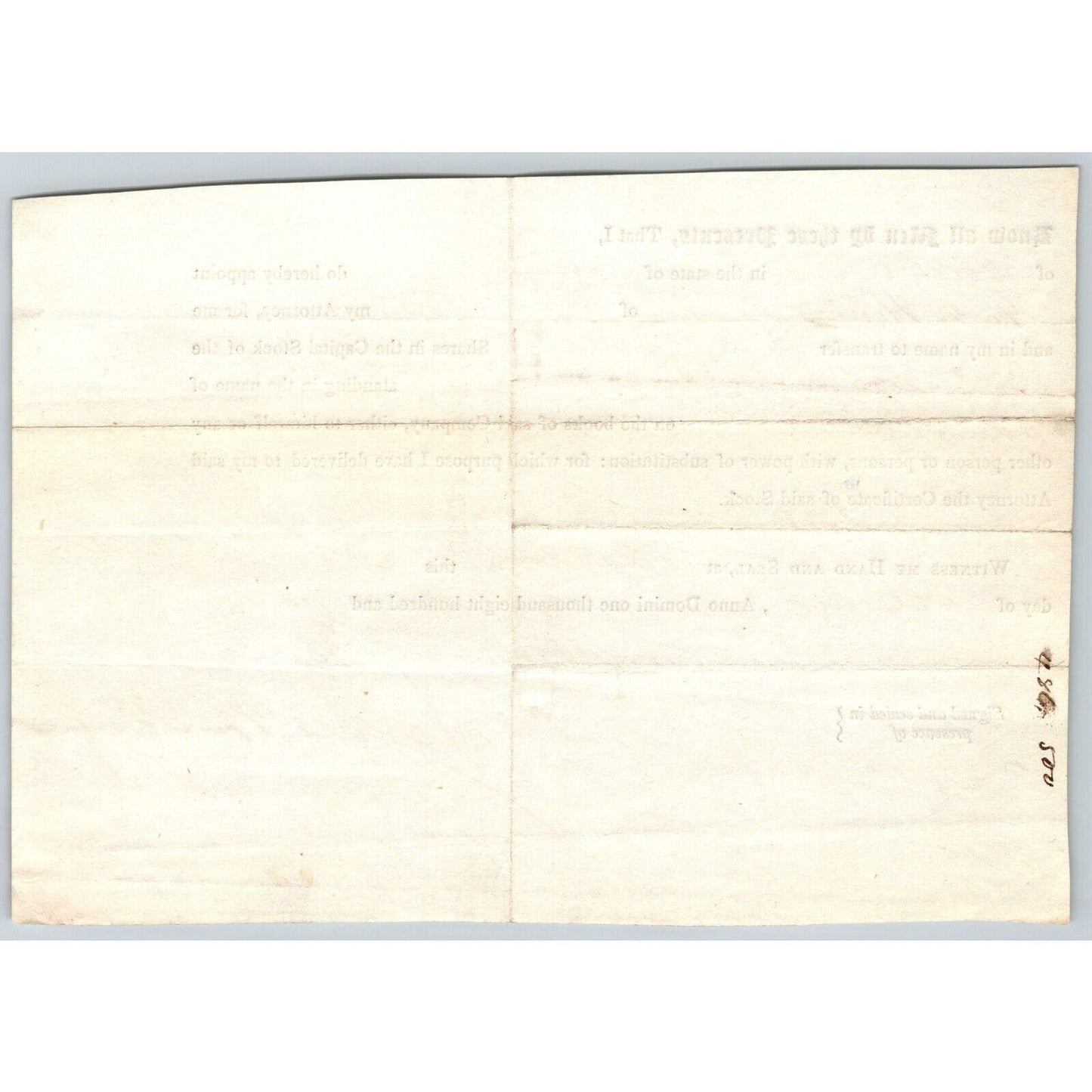 1846 Boston MA Power of Attorney re: 50 Shares Northern Railroad Stock w/ Seal