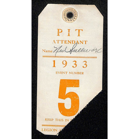 1933 Legion Ascot Speedway Pit Pass / Pit Attendant Event Number 5 - VERY Scarce