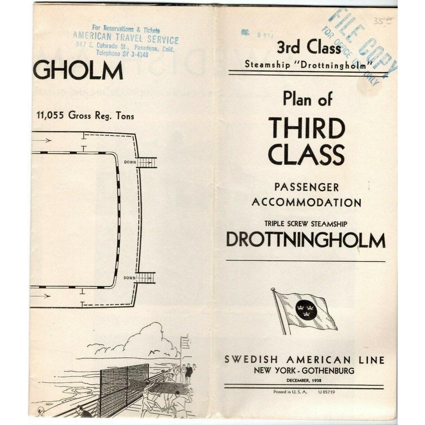 1938 SS Swedish American Line Drottningholm 3rd Cl. Deck Plan Single Sheet - VGC