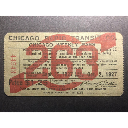1927 Chicago Rapid Transit Authority Weekly Pass Sept / Oct "263" VGC