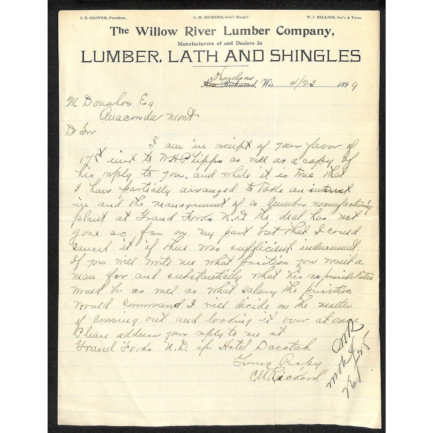 New Richmond, WI "The Willow River Lumber Company" 1899 Letterhead Scarce