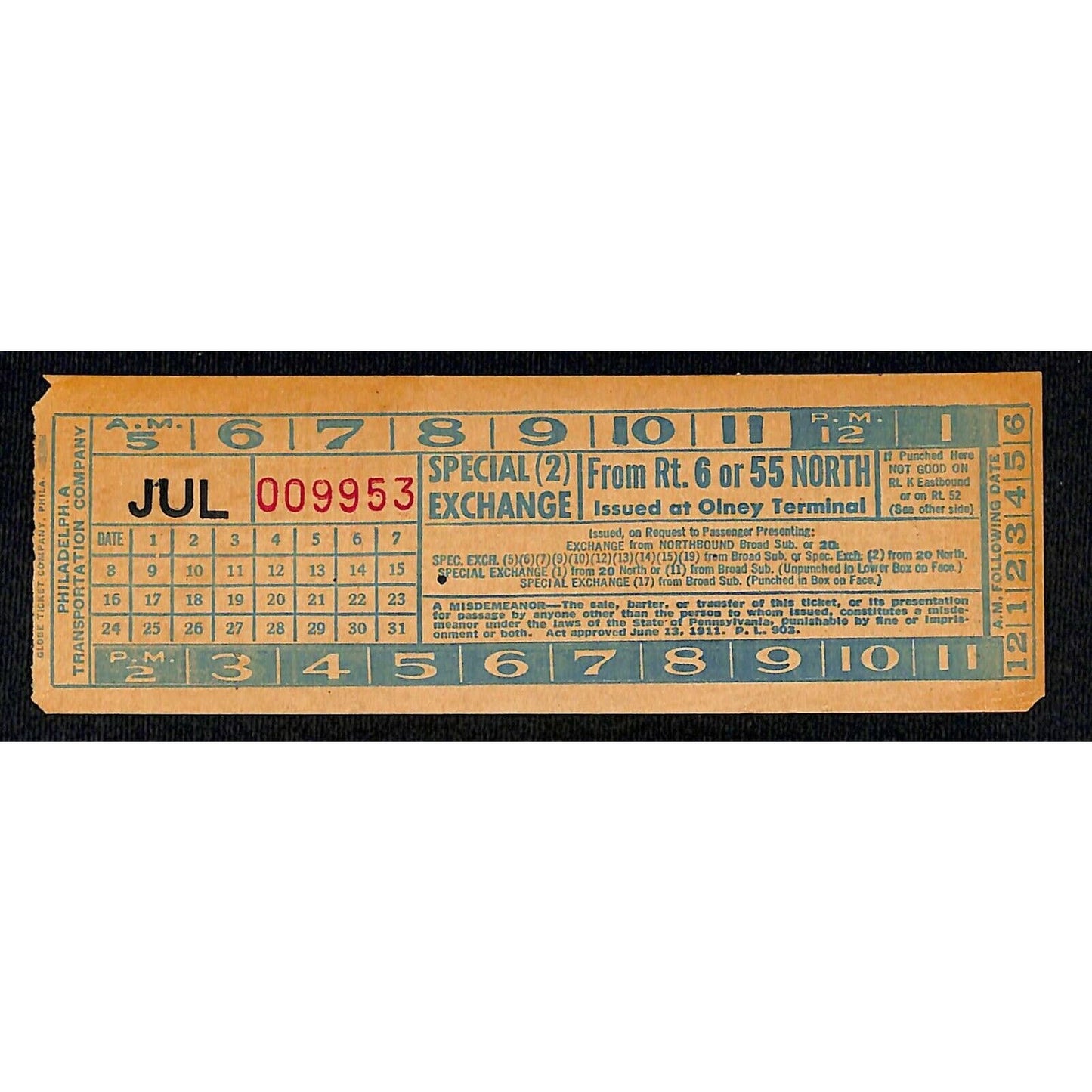 Vintage c1940's-50's Ticket - Philadelphia Transit Co. Olney Terminal #9953