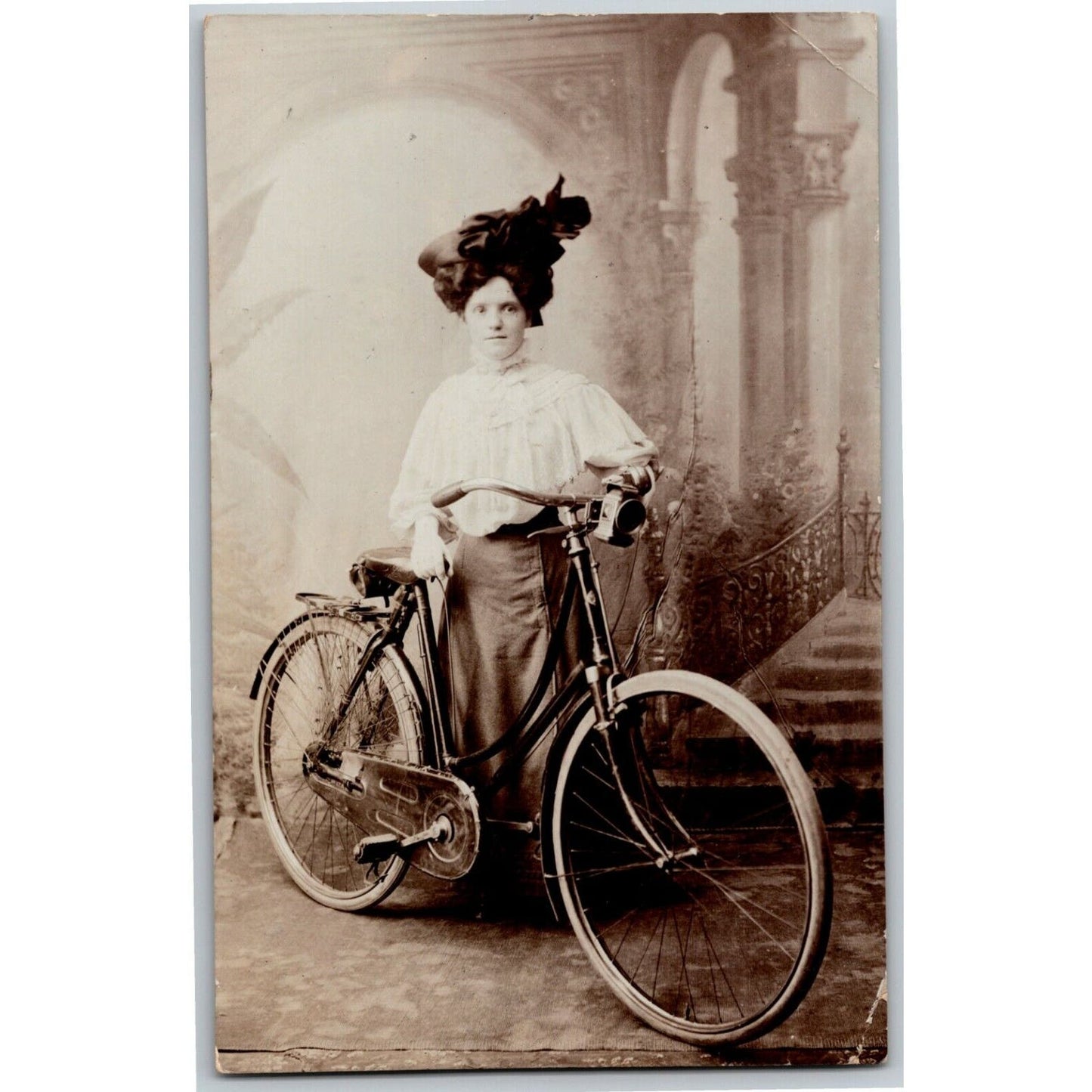 Vintage RPPC Postcard c1909 Woman Posing Indoor Studio w/ Bicycle
