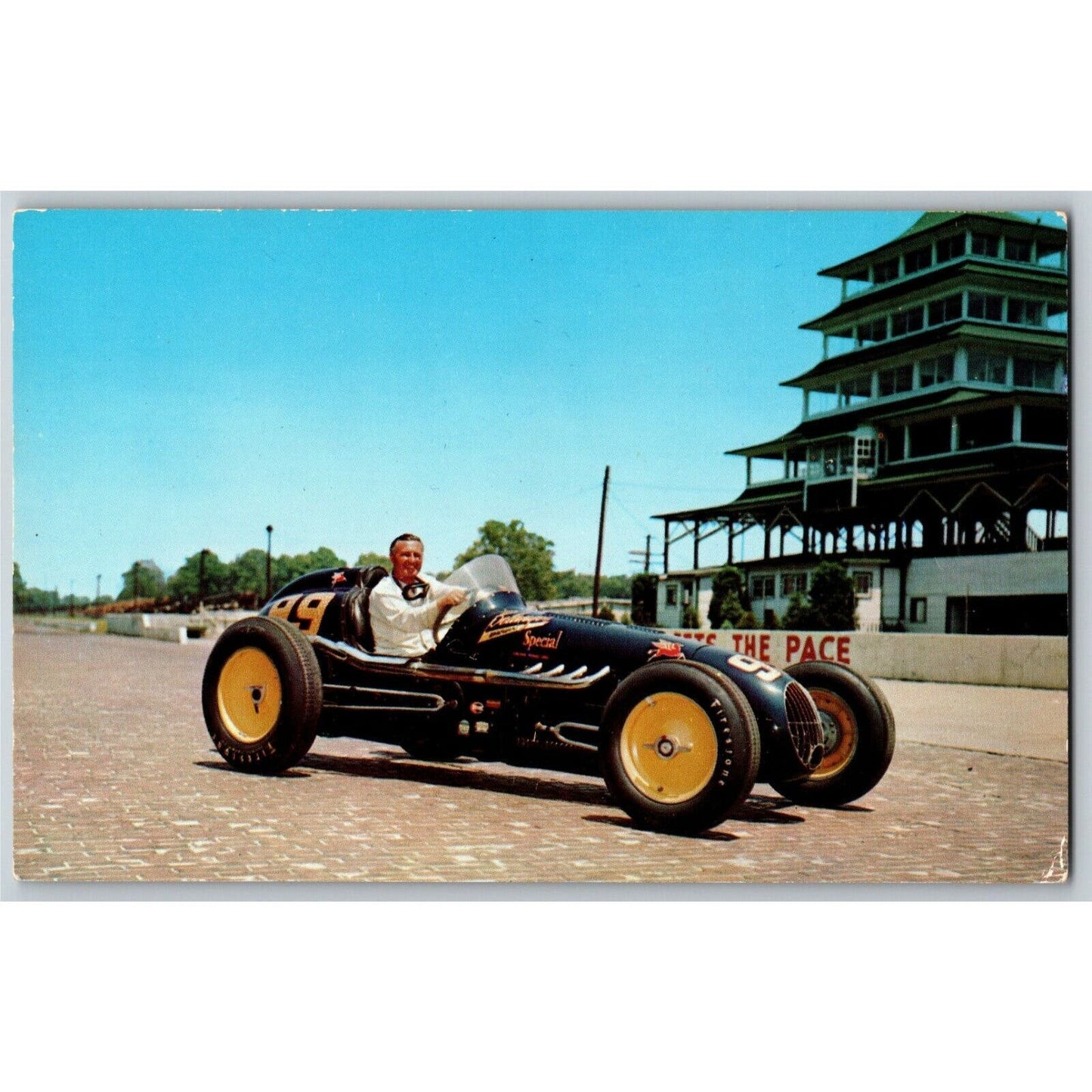 Indy 500 Postcard "1951 Winner Lee Wallard" Near Pagoda Unposted VGC