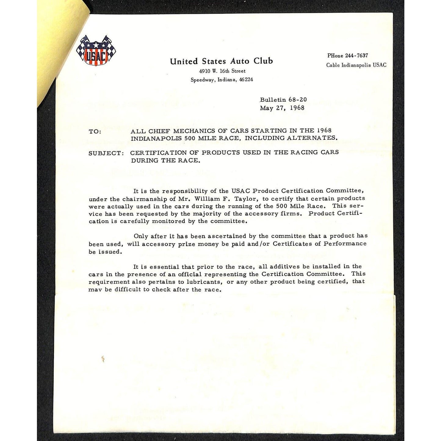 1967 Indy 500 Indianapolis Motor Speedway D-A Garage Area Sheet +3pp USAC Letter