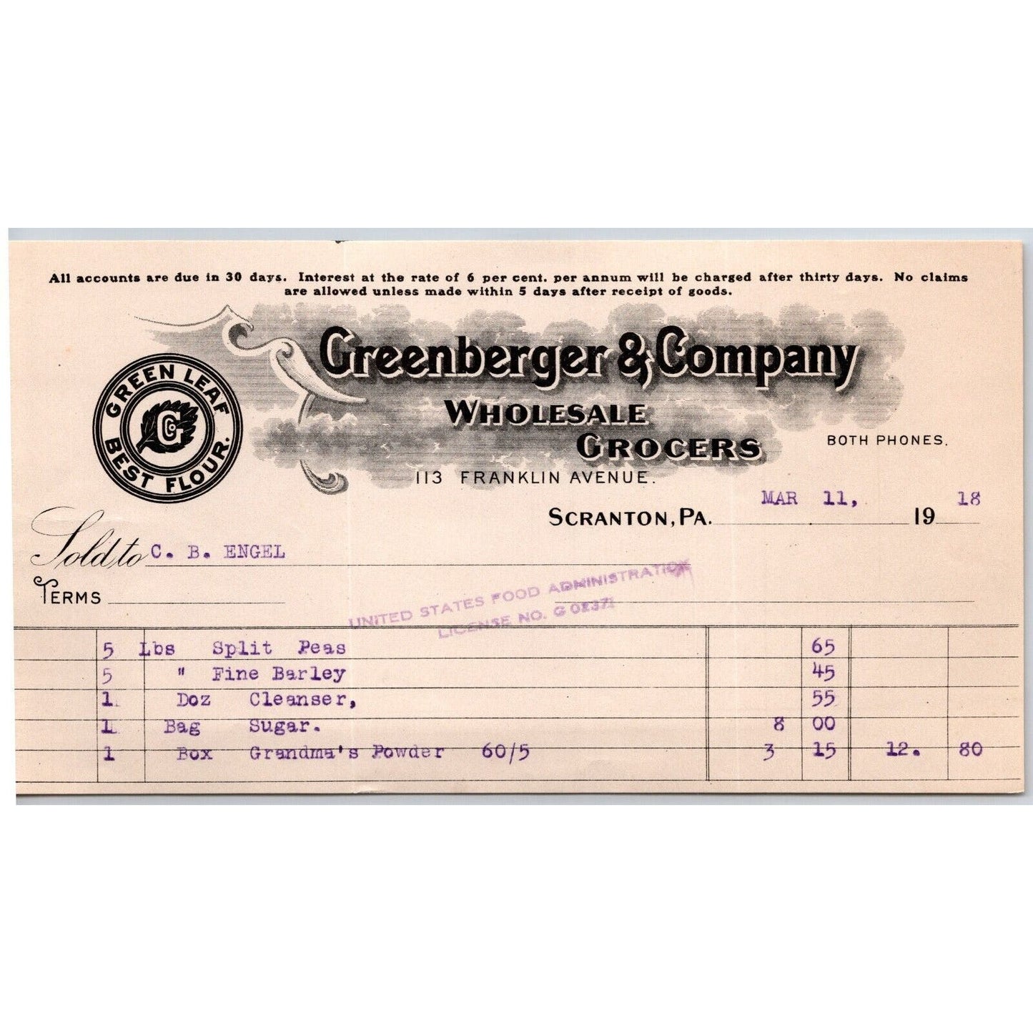 Scranton, PA Greenberger & Co. Grocers 1918 "C.B. Engel" Billhead Peas Barley