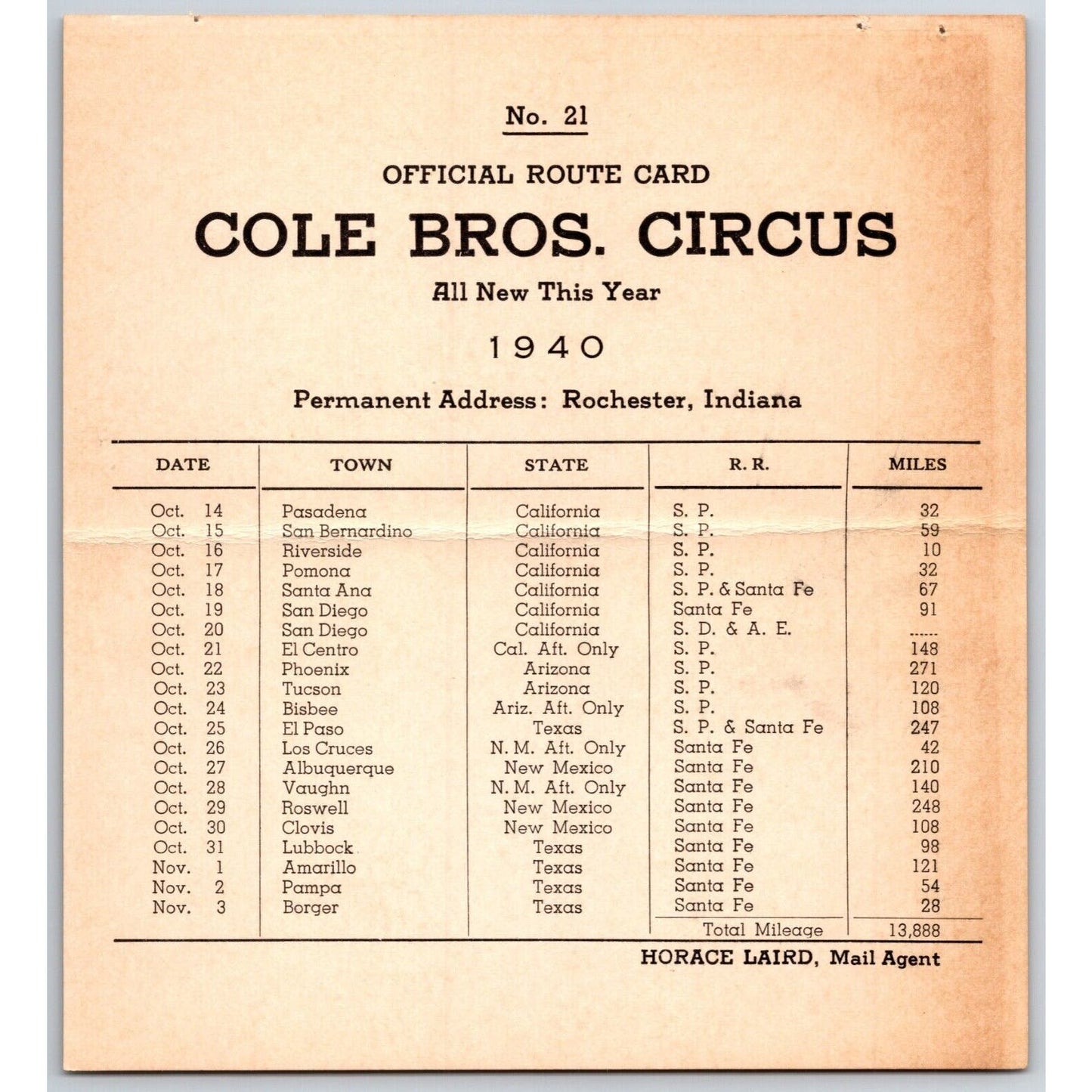 1940 Cole Bros Circus Route Card - California Arizona Texas NM