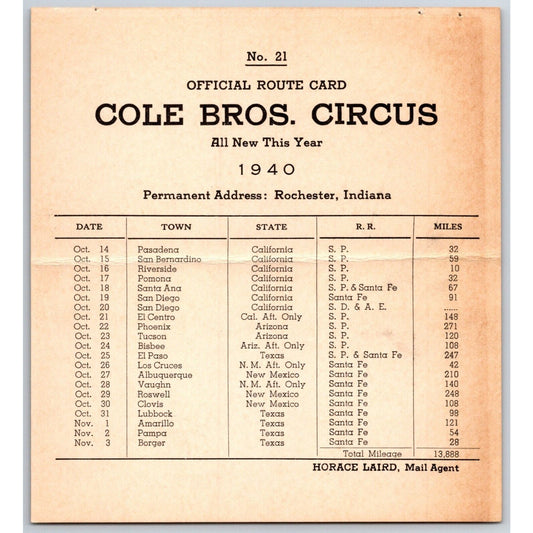 1940 Cole Bros Circus Route Card - California Arizona Texas NM