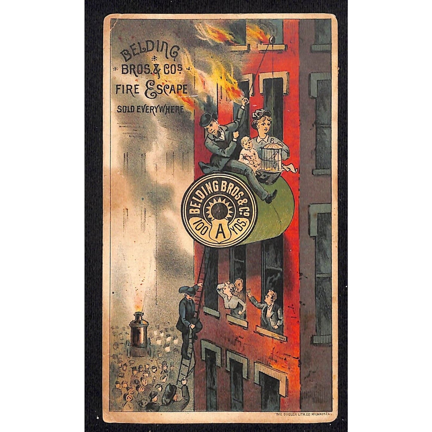 Belding Bros & Co. Spool Silk Victorian Trade Card w/ Fire Escape Rescue Scene