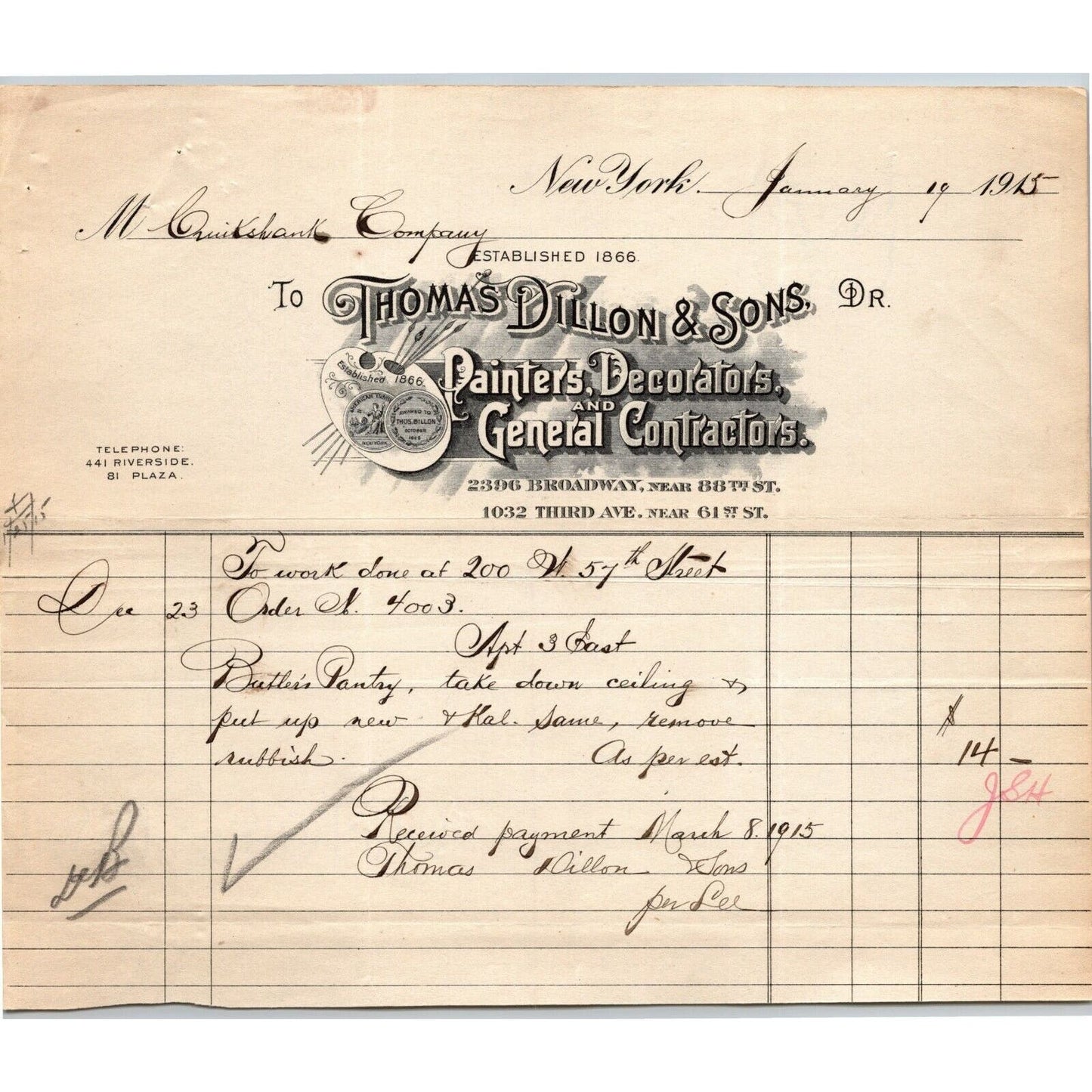 1915 "Thomas Dillon & Sons" Painters Decorators Billhead Letterhead 3rd Ave NYC
